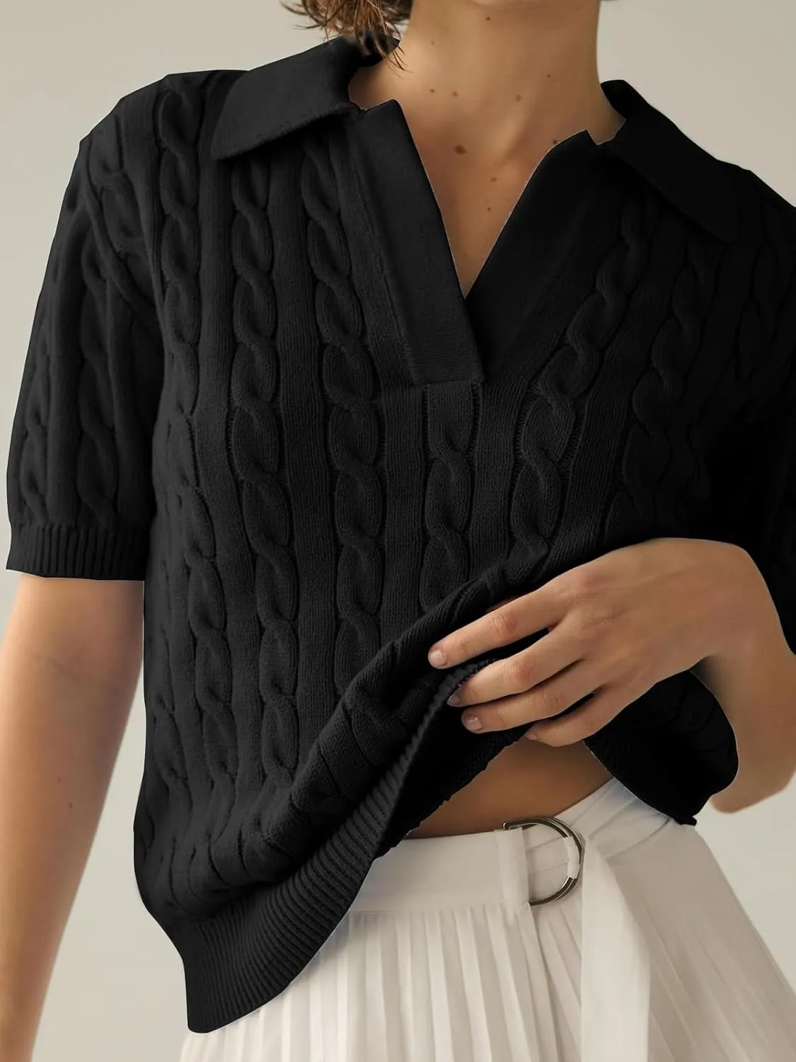 Womens Cable Knit Pullover Sweaters Solid Collared V Neck Elegant Boho Chic Casual Top Sweater