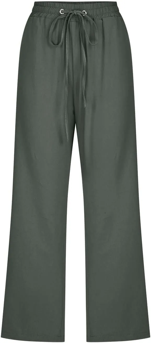 Womens Capris Pants Wide Leg Pants Drawstring Elastic Trousers Comfy Straight Leg Long Womens Linen Boho Capris