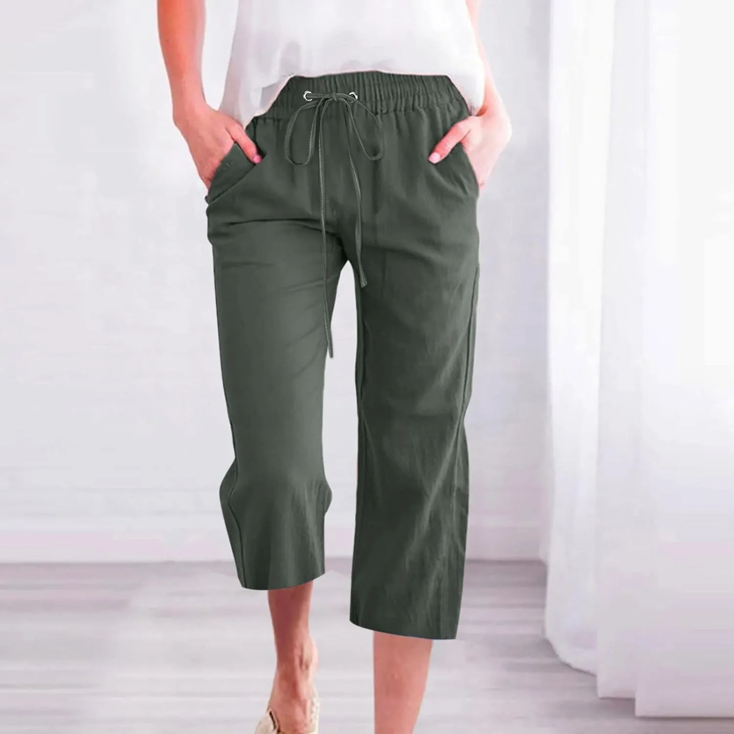 Womens Capris Pants Wide Leg Pants Drawstring Elastic Trousers Comfy Straight Leg Long Womens Linen Boho Capris