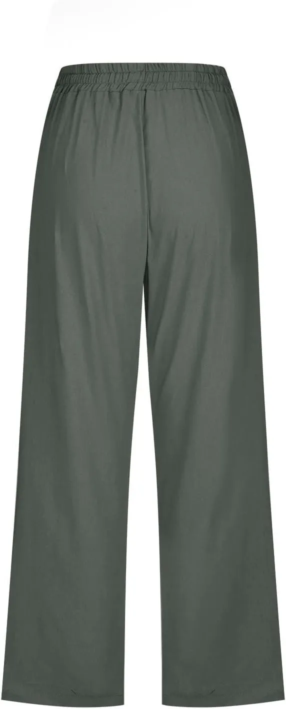 Womens Capris Pants Wide Leg Pants Drawstring Elastic Trousers Comfy Straight Leg Long Womens Linen Boho Capris