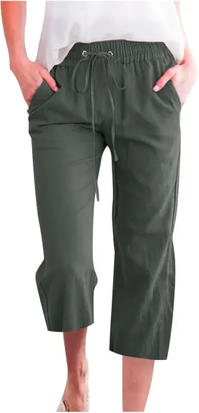 Womens Capris Pants Wide Leg Pants Drawstring Elastic Trousers Comfy Straight Leg Long Womens Linen Boho Capris