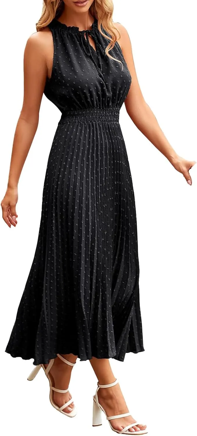 Women's Dresses Summer Ruffle V Neck Tie Dot Dresses Sleeveless A Line Maxi Dress Smocked Waist Plaeted Flowy Dress
