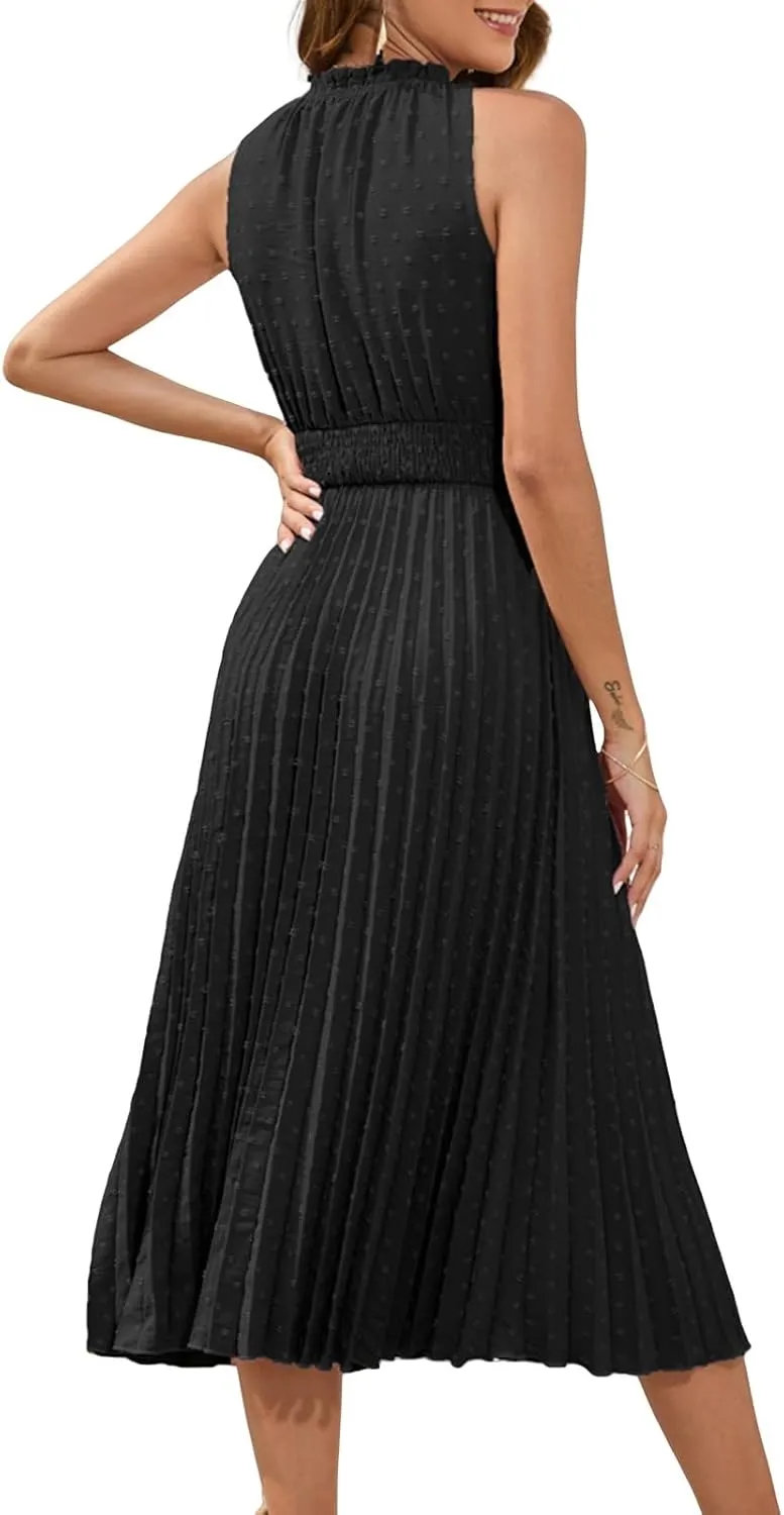 Women's Dresses Summer Ruffle V Neck Tie Dot Dresses Sleeveless A Line Maxi Dress Smocked Waist Plaeted Flowy Dress