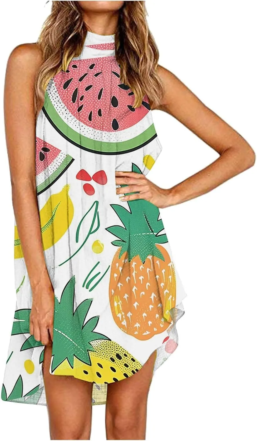 Women's Fashion Summer Dresses Elegant Turtleneck Dresses Vintage Print Sleeveless Dress Boho Vacation Dress Sundress