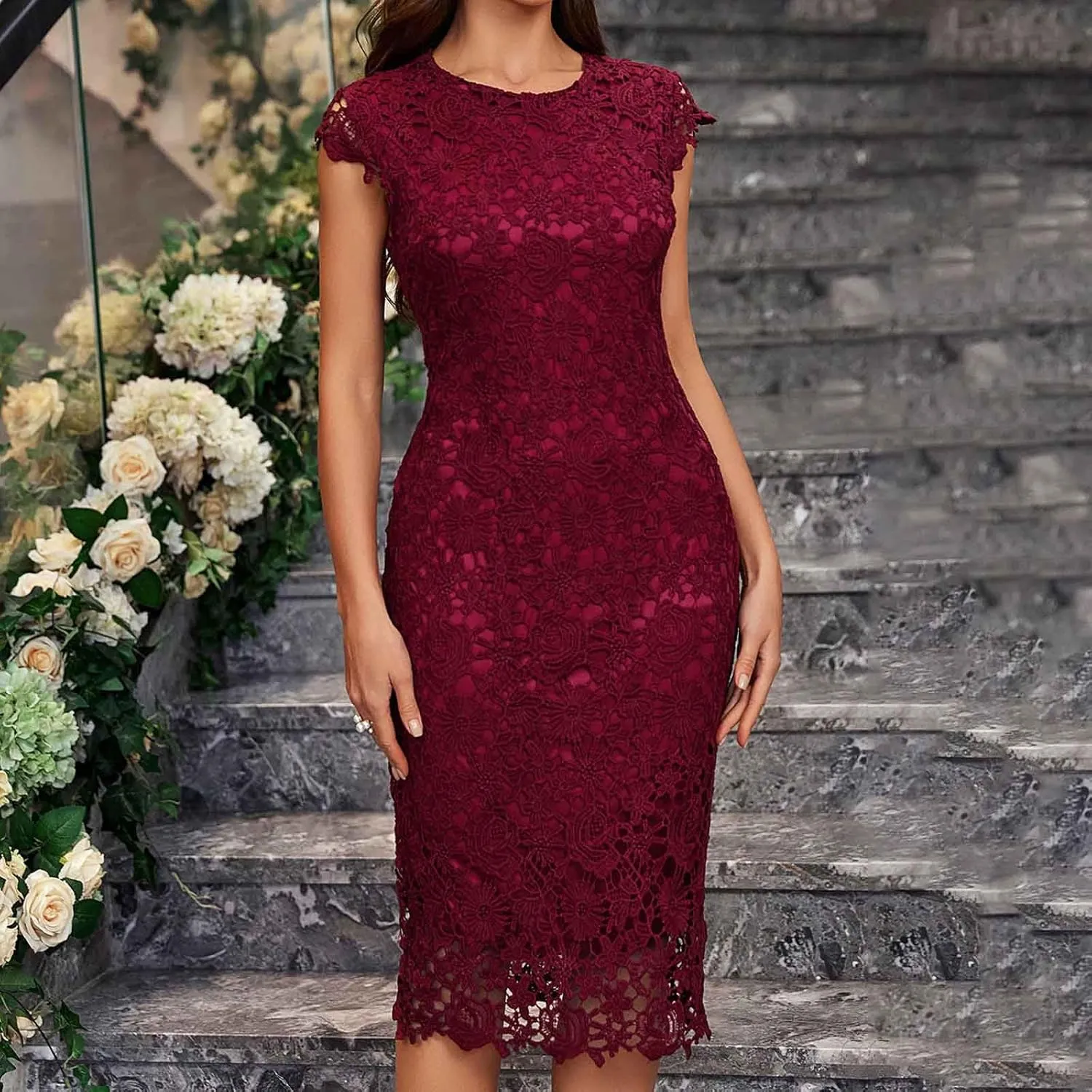 Womens Lace Floral Dress Trendy Dressy Elegant Cocktail Evening Party Bodycon Dress Cap Sleeve Crew Neck Midi Dress