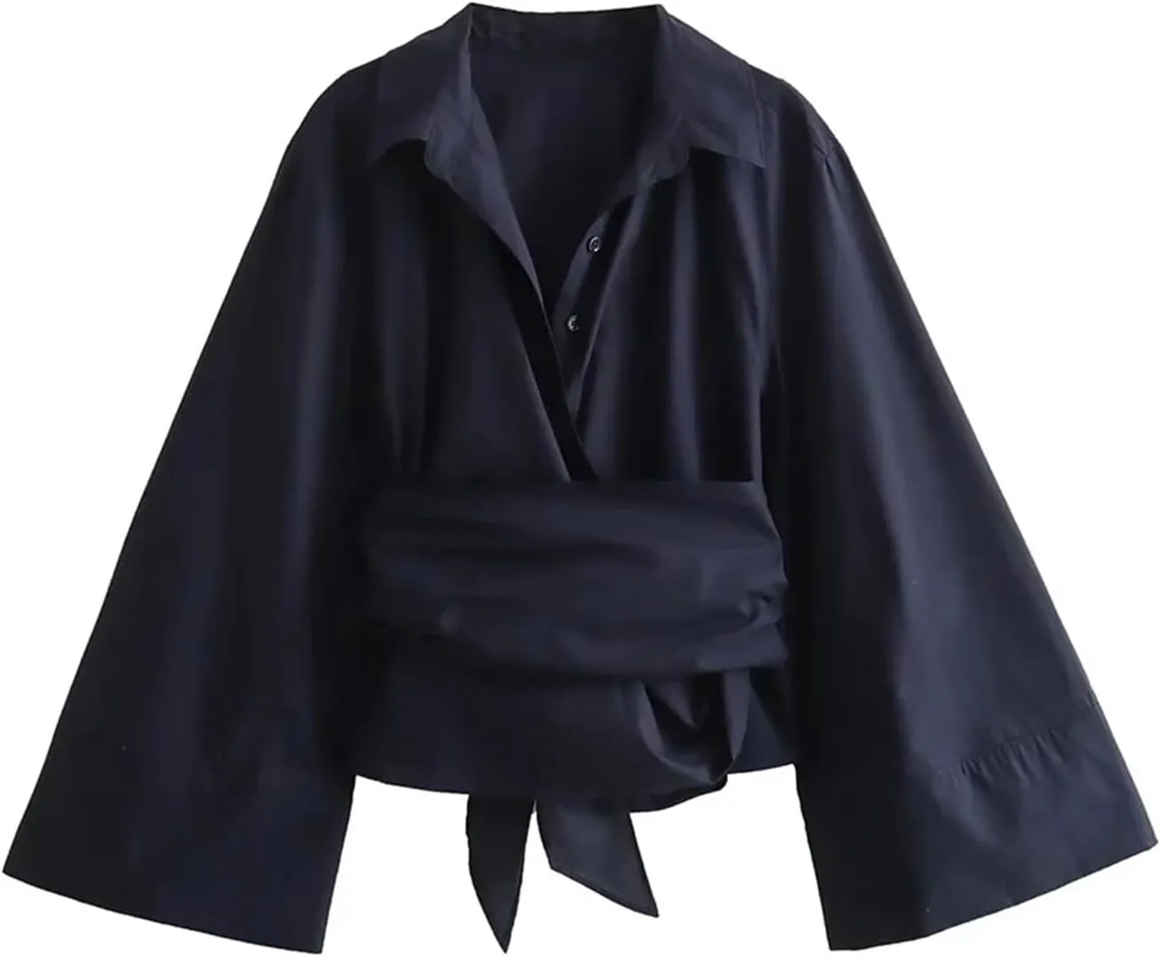 Women's Long Sleeve Kimono Shirt Bow Tie Front Button Shirt Lightweight Chic Tops