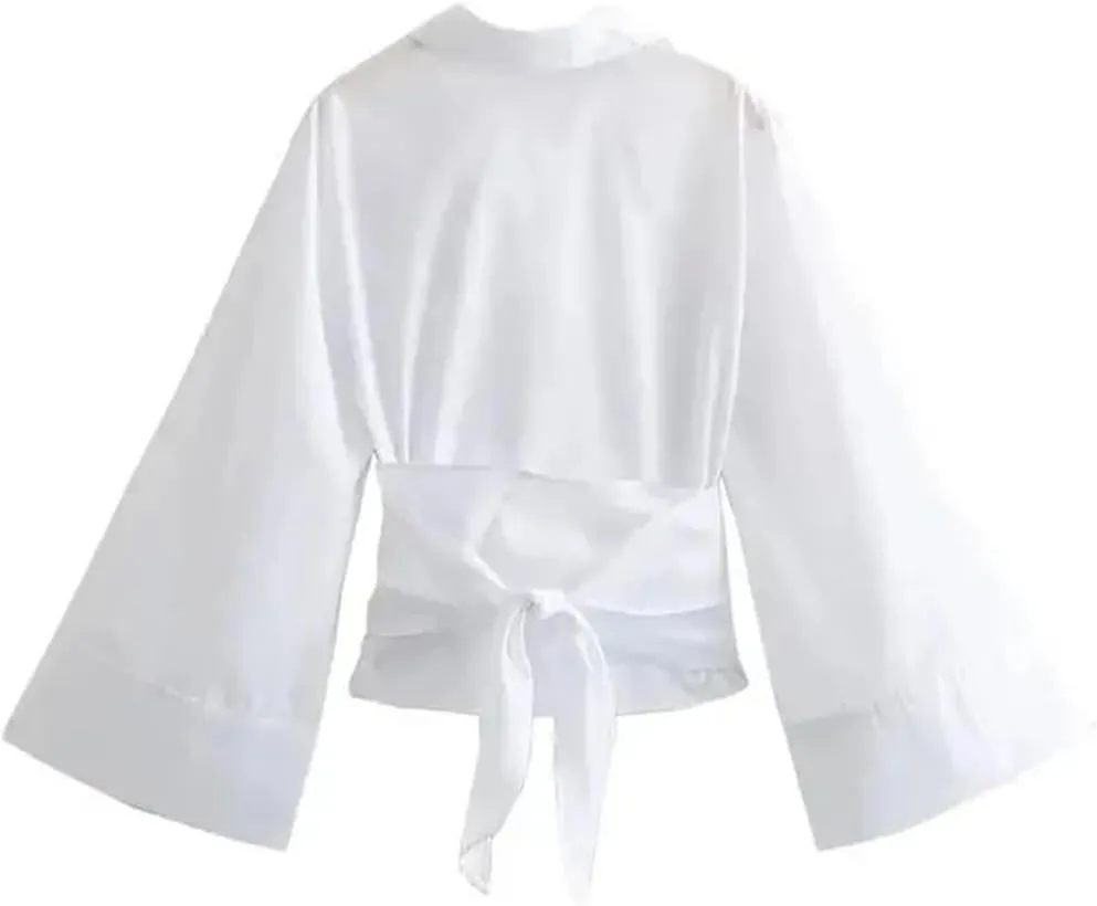 Women's Long Sleeve Kimono Shirt Bow Tie Front Button Shirt Lightweight Chic Tops