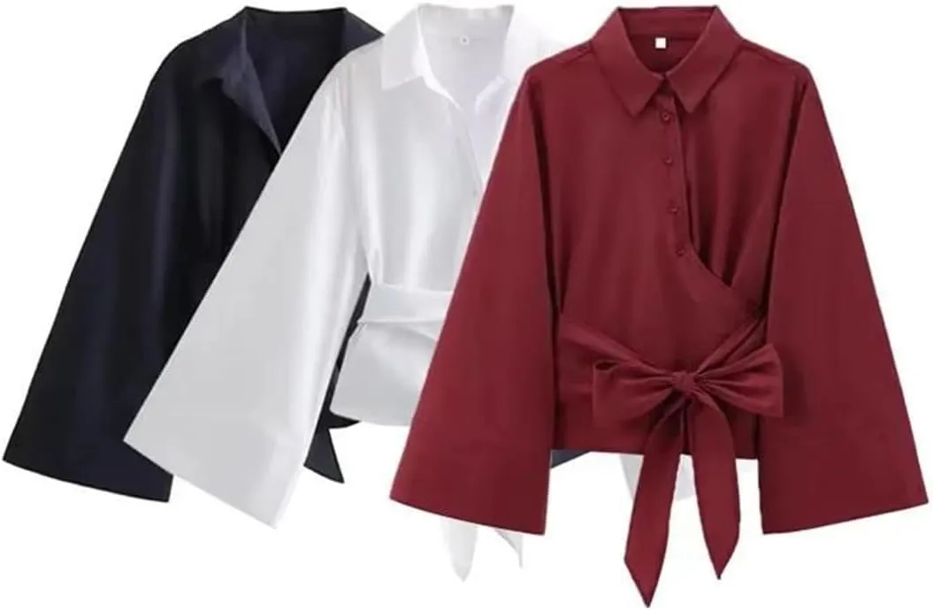 Women's Long Sleeve Kimono Shirt Bow Tie Front Button Shirt Lightweight Chic Tops