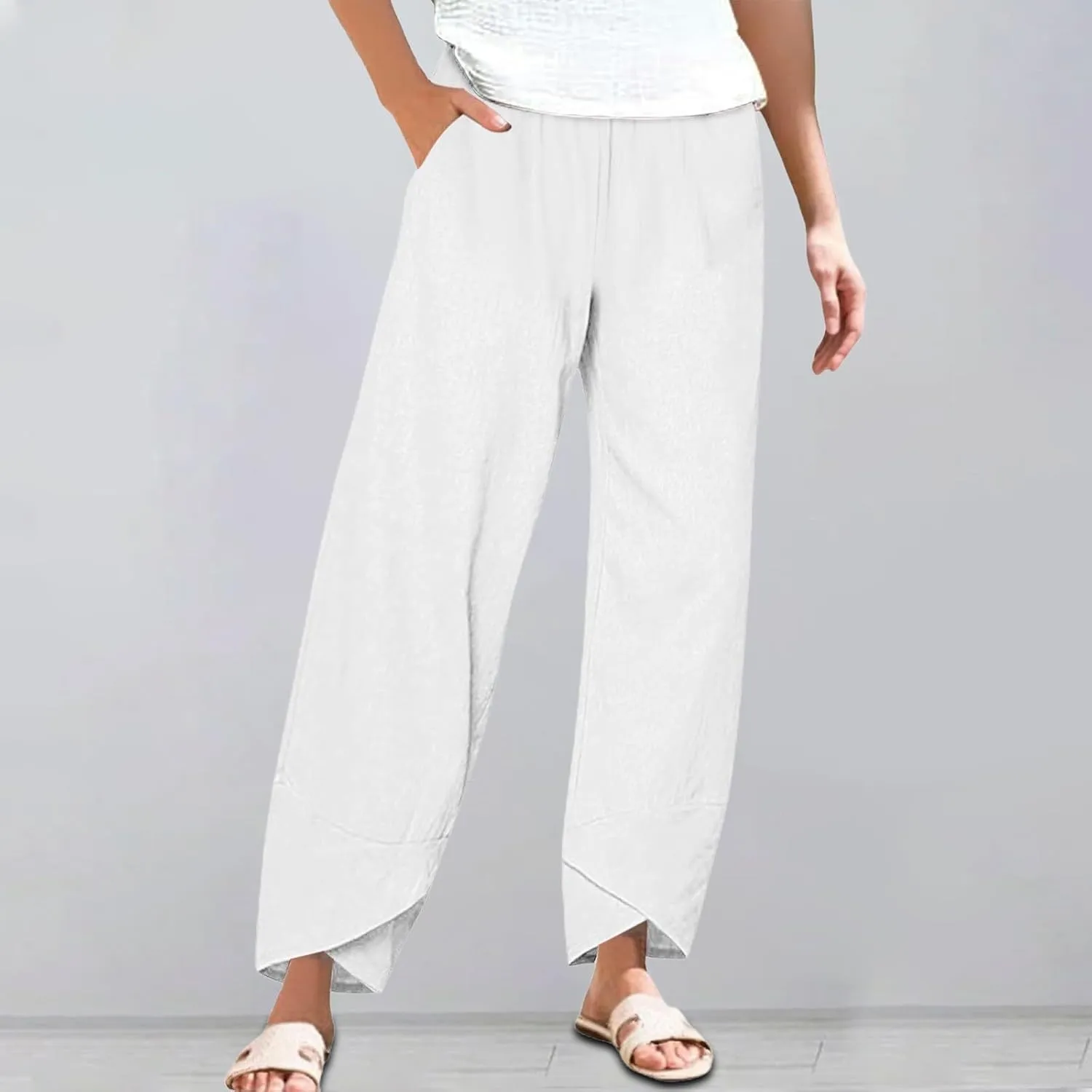 Womens Summer Cotton Linen Pants 2025 Casual Capri Pants with Pockets Cropped High Waisted Comfy Baggy Trousers