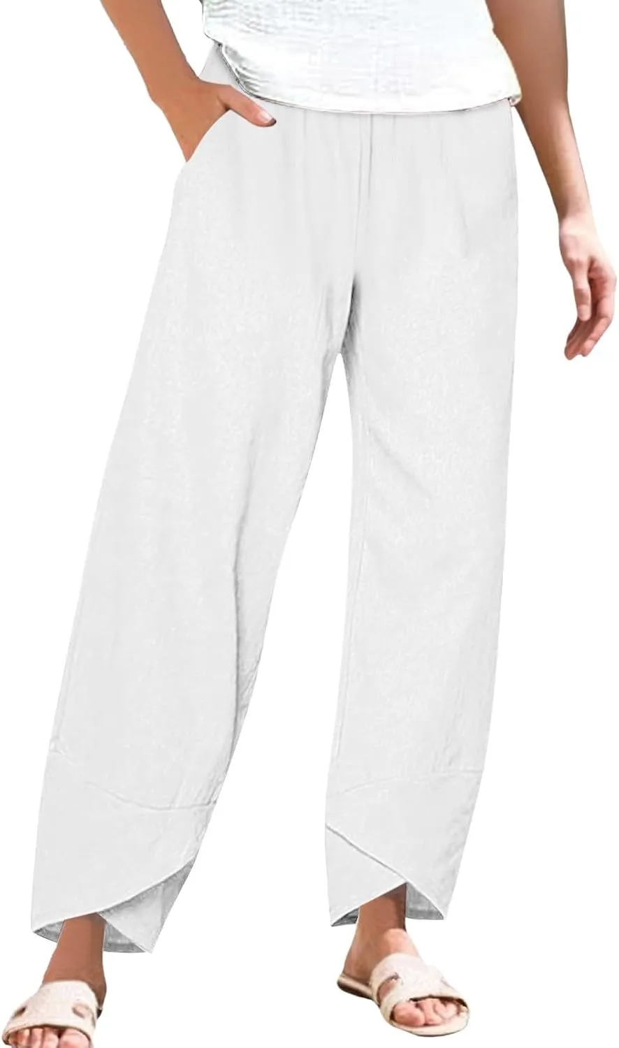 Womens Summer Cotton Linen Pants 2025 Casual Capri Pants with Pockets Cropped High Waisted Comfy Baggy Trousers