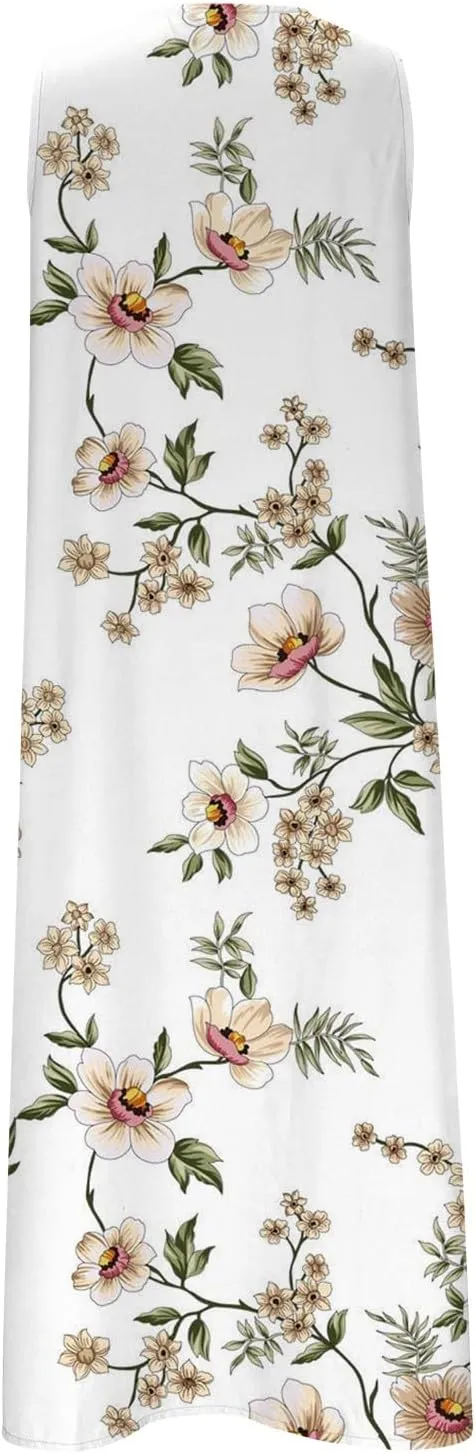 Womens Summer Design Casual Dress Fashion Floral Printed Elegant Dress Sleeveless V-Neck Long Dress with Pockets