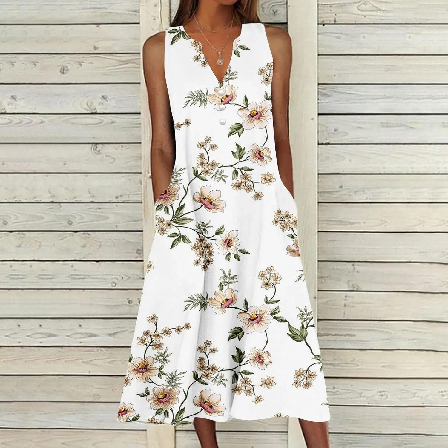 Womens Summer Design Casual Dress Fashion Floral Printed Elegant Dress Sleeveless V-Neck Long Dress with Pockets
