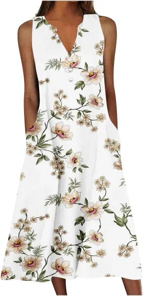 Womens Summer Design Casual Dress Fashion Floral Printed Elegant Dress Sleeveless V-Neck Long Dress with Pockets