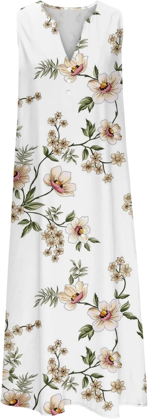 Womens Summer Design Casual Dress Fashion Floral Printed Elegant Dress Sleeveless V-Neck Long Dress with Pockets
