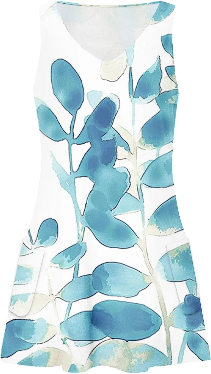 Womens Summer Dresses Beach Casual Sleeveless Floral Print Boho V Neck Loose Sundresses Dress with Pockets