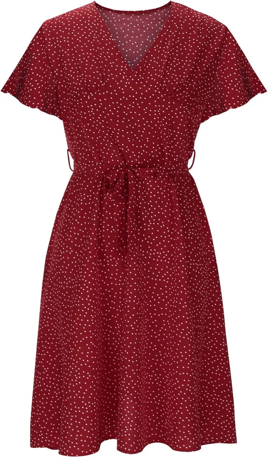 Womens Summer Dresses Casual Polka Dot Smocked Dress V Neck Short Sleeve Flowy Boho Midi Dress Vacation Beach Dress