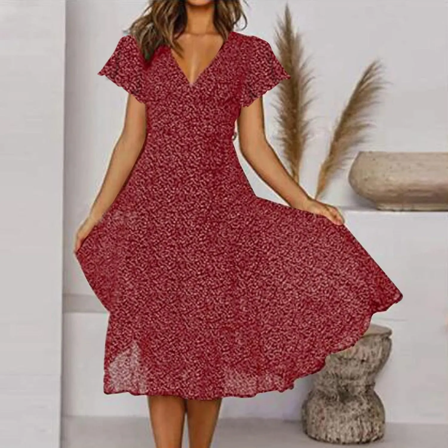 Womens Summer Dresses Casual Polka Dot Smocked Dress V Neck Short Sleeve Flowy Boho Midi Dress Vacation Beach Dress