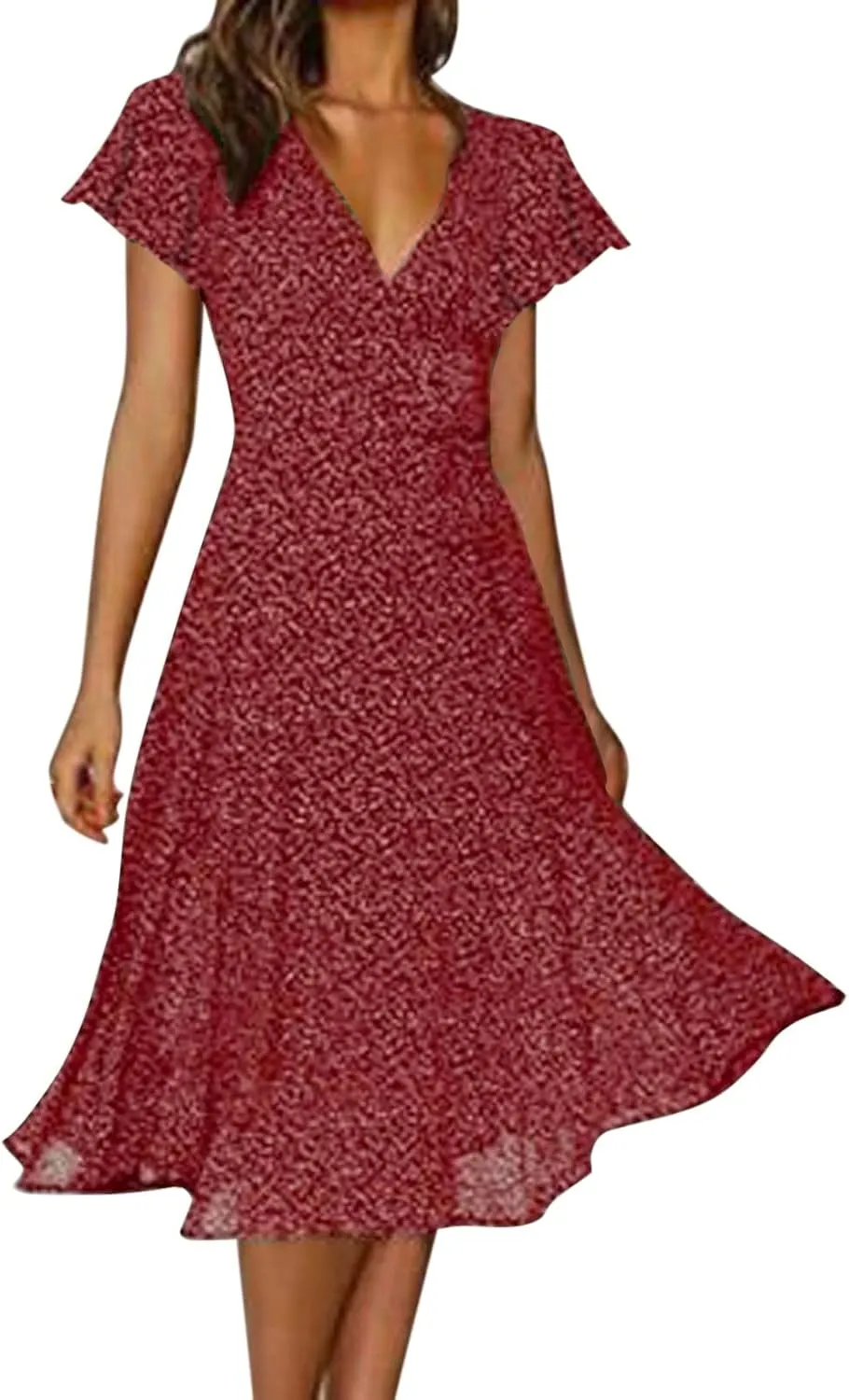 Womens Summer Dresses Casual Polka Dot Smocked Dress V Neck Short Sleeve Flowy Boho Midi Dress Vacation Beach Dress
