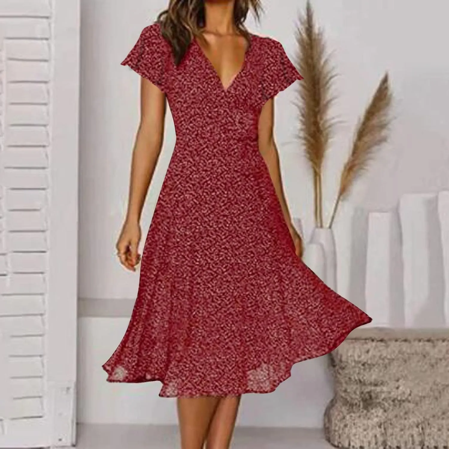 Womens Summer Dresses Casual Polka Dot Smocked Dress V Neck Short Sleeve Flowy Boho Midi Dress Vacation Beach Dress