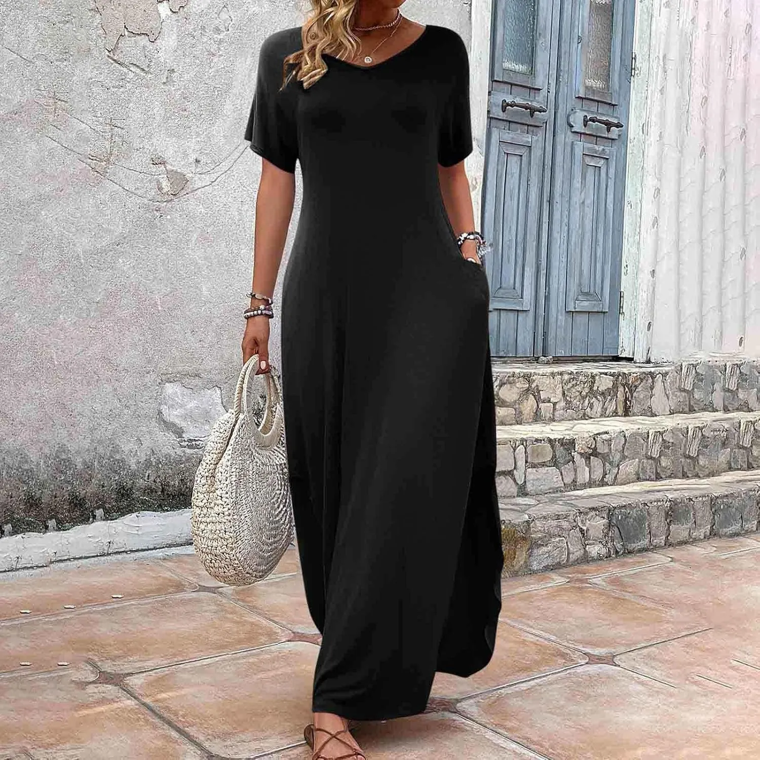 Women's Summer Maxi Dress Short Sleeve V Neck Casual Loose Long Beach Split Dresses with Pockets