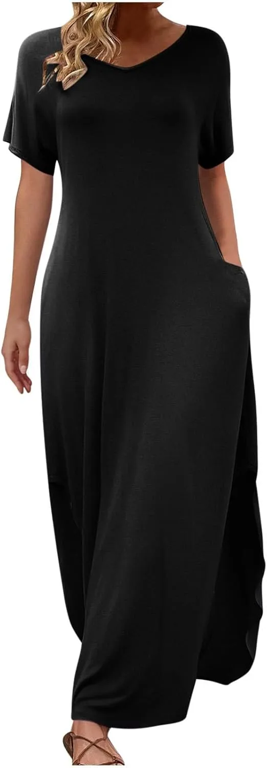 Women's Summer Maxi Dress Short Sleeve V Neck Casual Loose Long Beach Split Dresses with Pockets