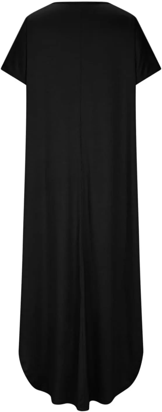 Women's Summer Maxi Dress Short Sleeve V Neck Casual Loose Long Beach Split Dresses with Pockets