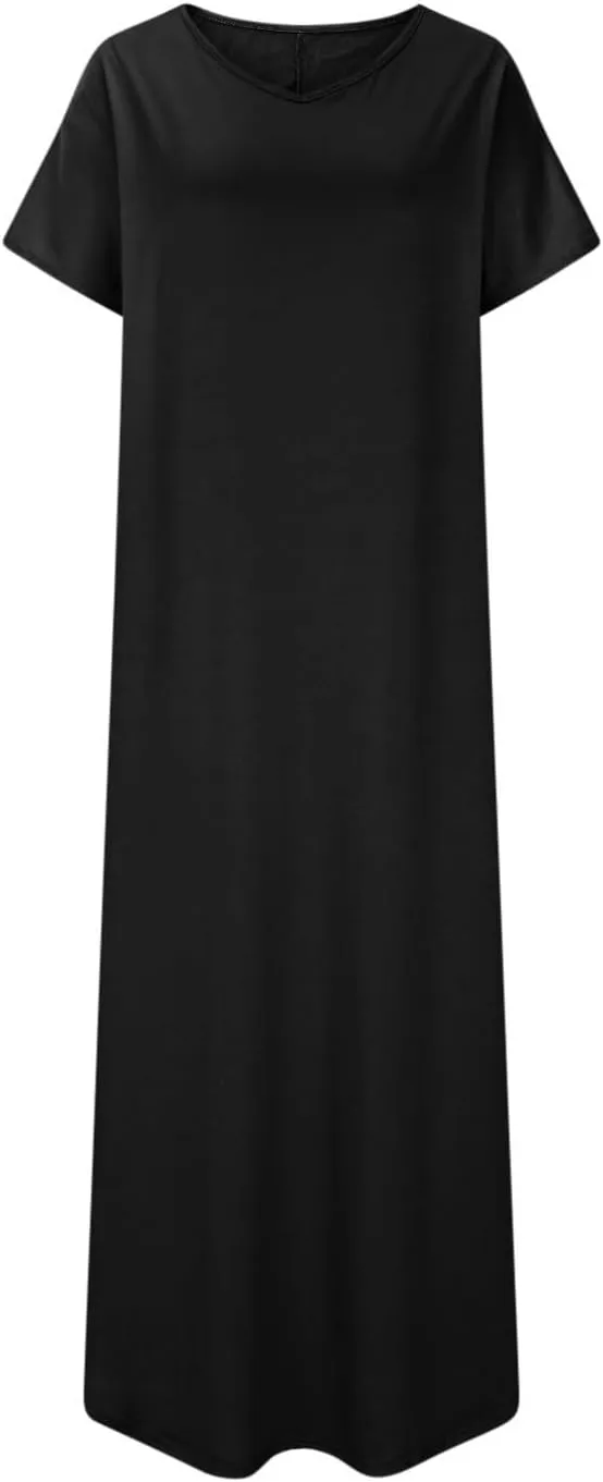 Women's Summer Maxi Dress Short Sleeve V Neck Casual Loose Long Beach Split Dresses with Pockets