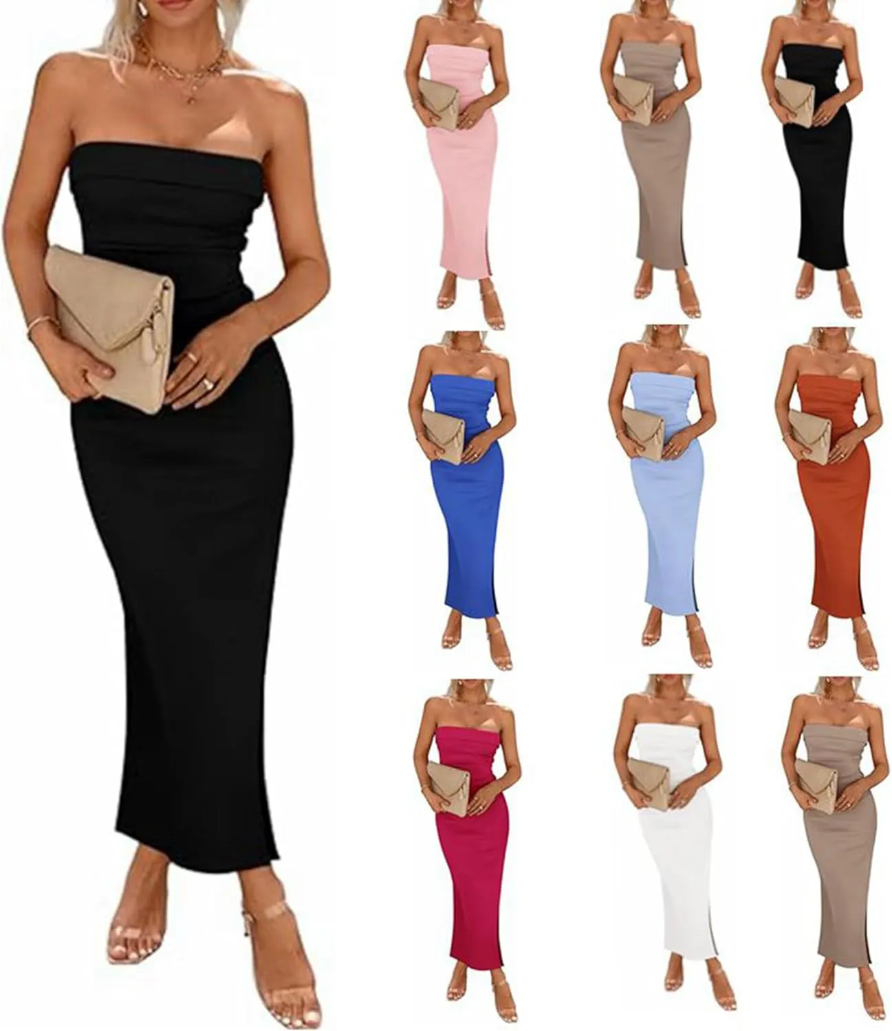 Woolicity Womens Summer Strapless Bodycon Maxi Tube Dress Split Sexy Party Club Casual Elegant Dress