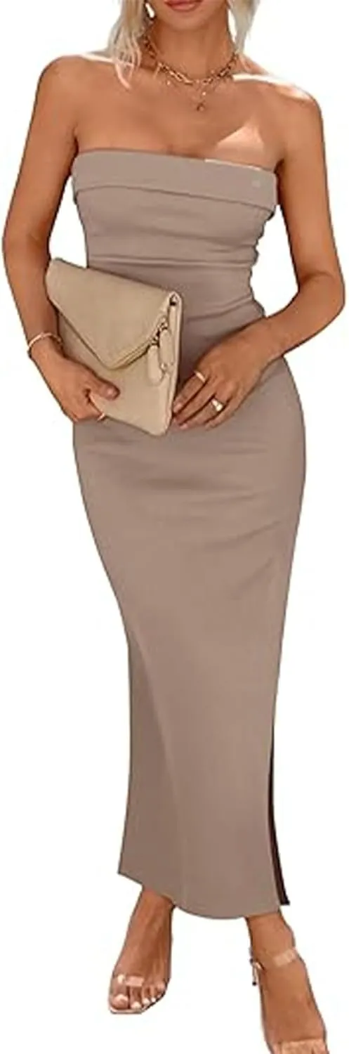 Woolicity Womens Summer Strapless Bodycon Maxi Tube Dress Split Sexy Party Club Casual Elegant Dress