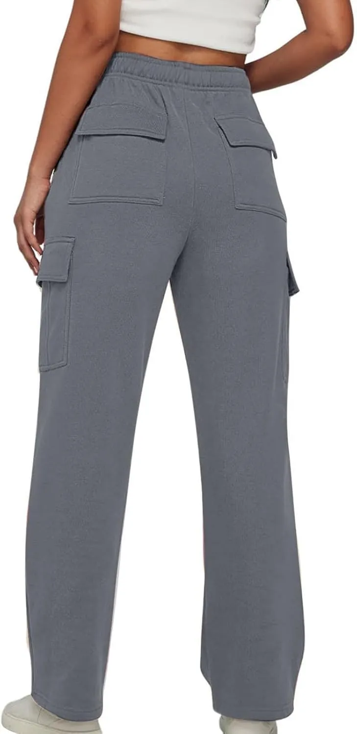 Workpant for Women 2024 Fashion Elastic Solid Sweatpant Straight Leg Crop Comfy Trousers with Side Pockets