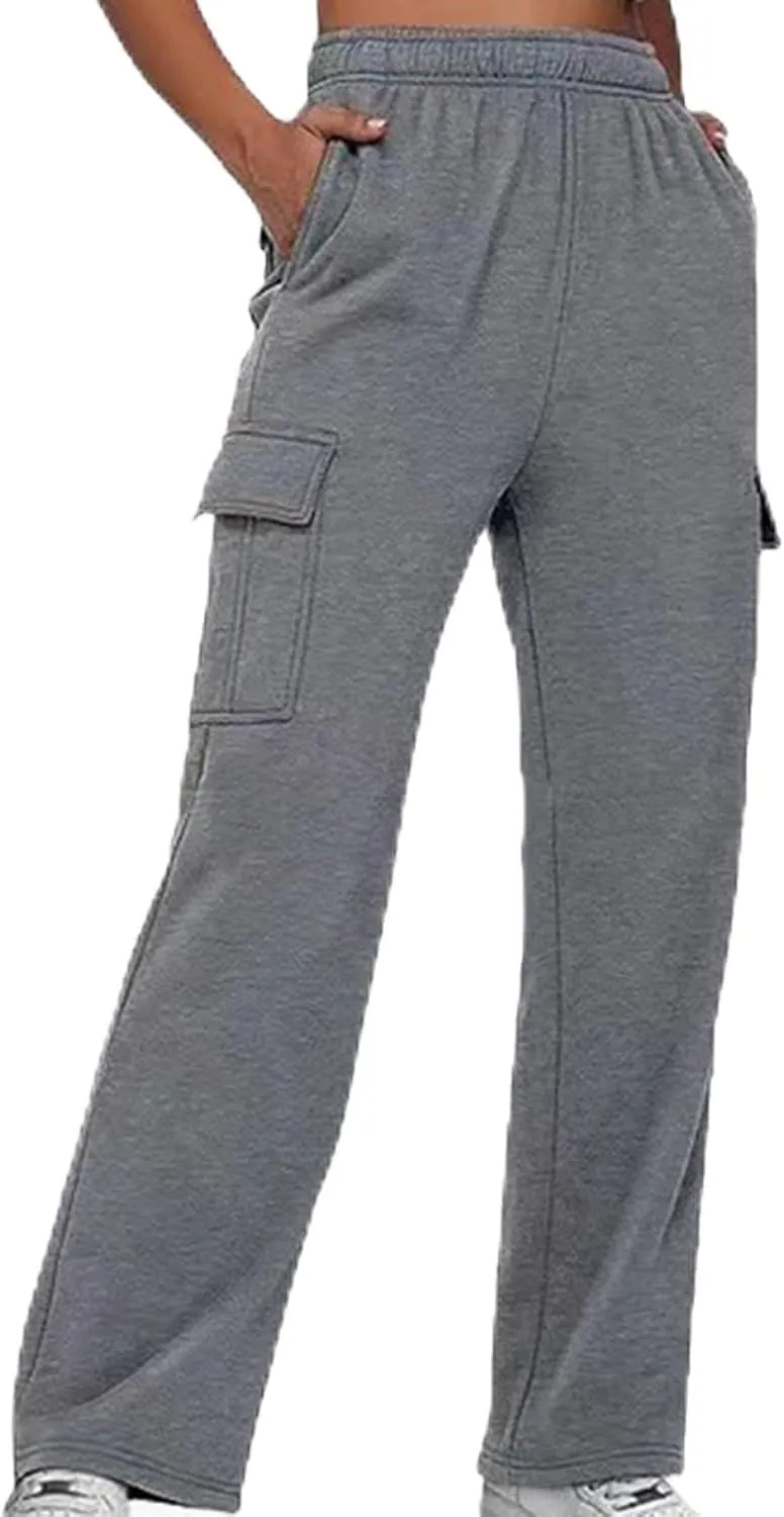 Workpant for Women 2024 Fashion Elastic Solid Sweatpant Straight Leg Crop Comfy Trousers with Side Pockets