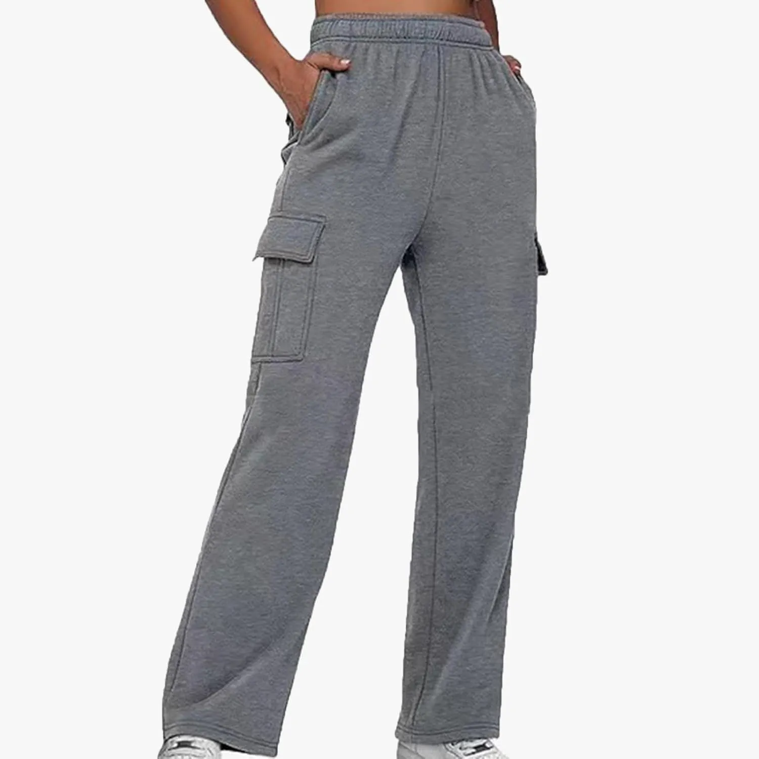Workpant for Women 2024 Fashion Elastic Solid Sweatpant Straight Leg Crop Comfy Trousers with Side Pockets