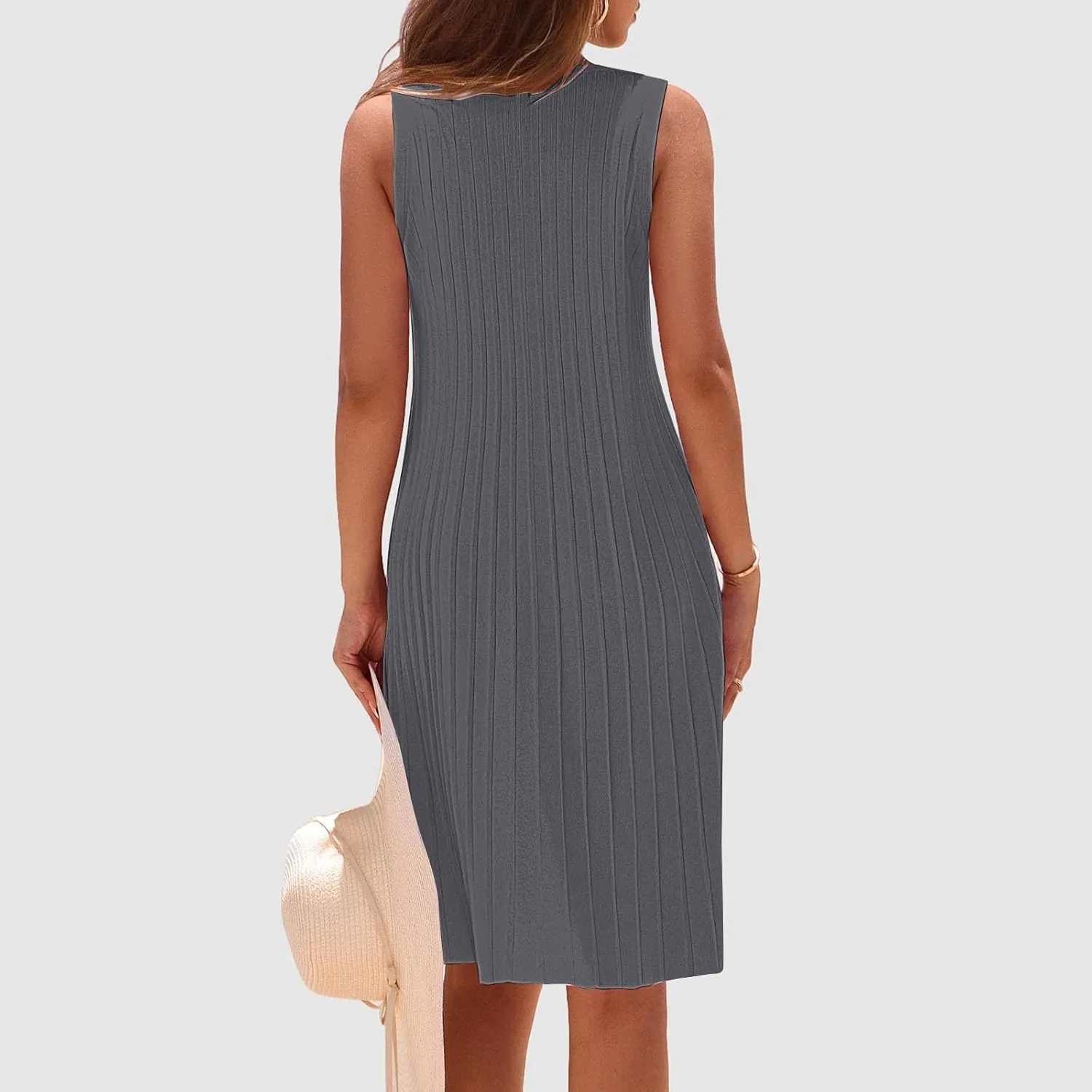 XOWRTE Womens 2025 Summer Sleeveless Mini Dress Crewneck Loose Tank A Line Pleated Swing Flowy Party Dresses Solid Color