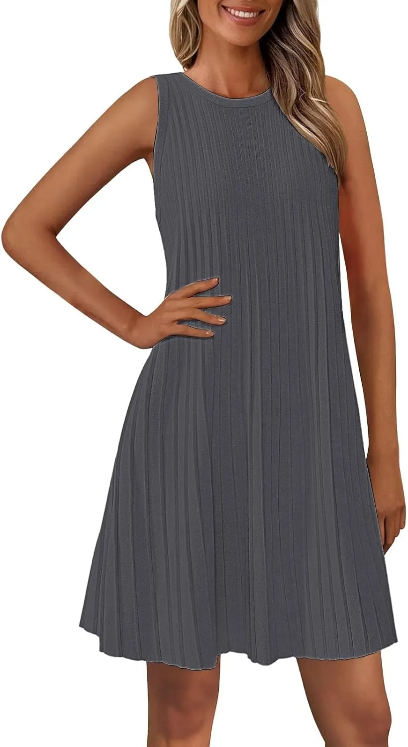 XOWRTE Womens 2025 Summer Sleeveless Mini Dress Crewneck Loose Tank A Line Pleated Swing Flowy Party Dresses Solid Color