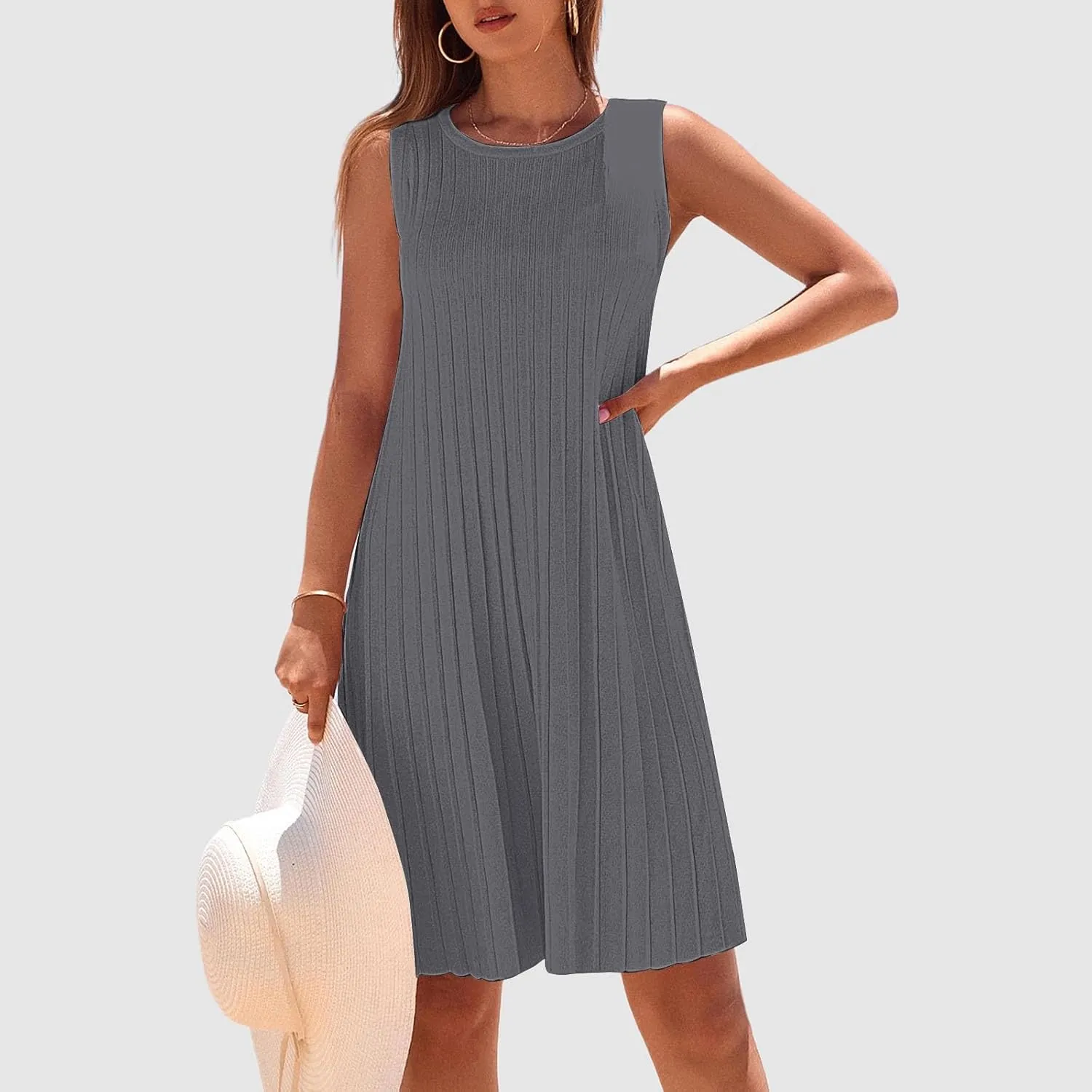 XOWRTE Womens 2025 Summer Sleeveless Mini Dress Crewneck Loose Tank A Line Pleated Swing Flowy Party Dresses Solid Color