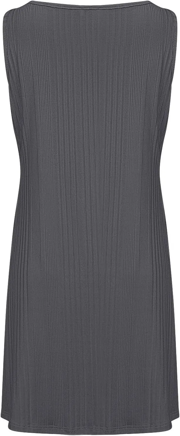 XOWRTE Womens 2025 Summer Sleeveless Mini Dress Crewneck Loose Tank A Line Pleated Swing Flowy Party Dresses Solid Color
